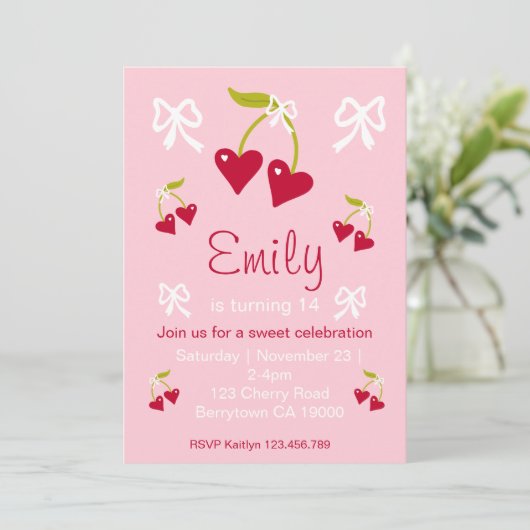 さくらんぼスウィートピンク名門私立校風のバースデーパーティーの招待 招待状 (スタンド正面)