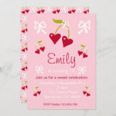 さくらんぼスウィートピンク名門私立校風のバースデーパーティーの招待 招待状 (正面/裏面)