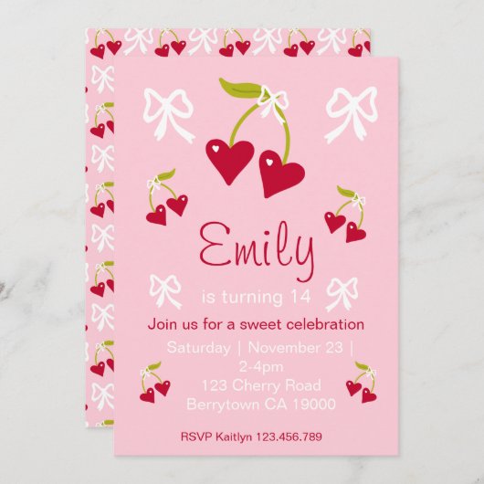 さくらんぼスウィートピンク名門私立校風のバースデーパーティーの招待 招待状 (正面/裏面)