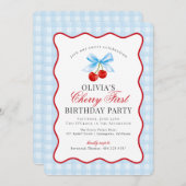 さくらんぼスウィートブルーコケットギンガムファースト誕生日 招待状 (正面/裏面)