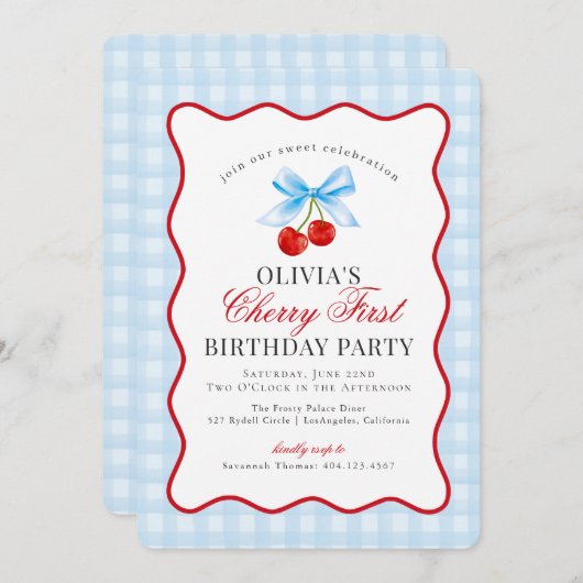 さくらんぼスウィートブルーコケットギンガムファースト誕生日 招待状 (正面/裏面)