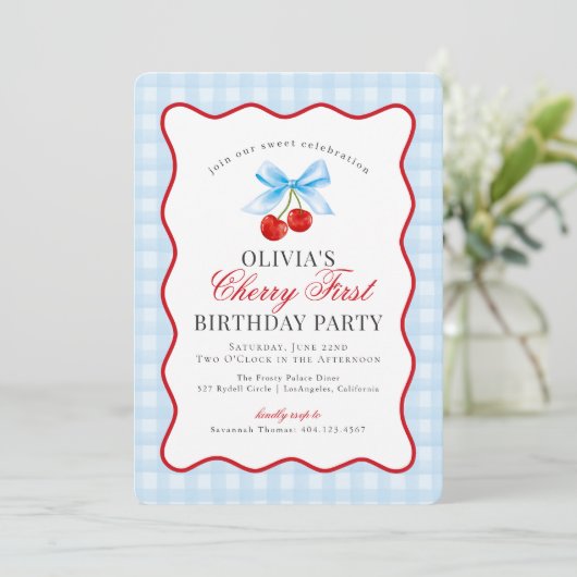 さくらんぼスウィートブルーコケットギンガムファースト誕生日 招待状 (スタンド正面)
