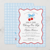 さくらんぼスウィートブルーコケットギンガムブライダルシャワー 招待状 (正面/裏面)