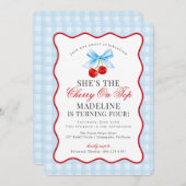 さくらんぼスウィートブルーコケットボウギンガム誕生日 招待状 (正面/裏面)