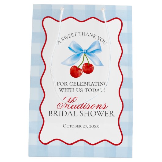 さくらんぼスウィートブルーコケットボウブライダルシャワーの恩恵 ミディアムペーパーバッグ (裏面)