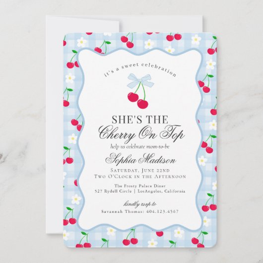 さくらんぼスウィートブルーコケットボーギンガムベビーシャワー 招待状 (正面)