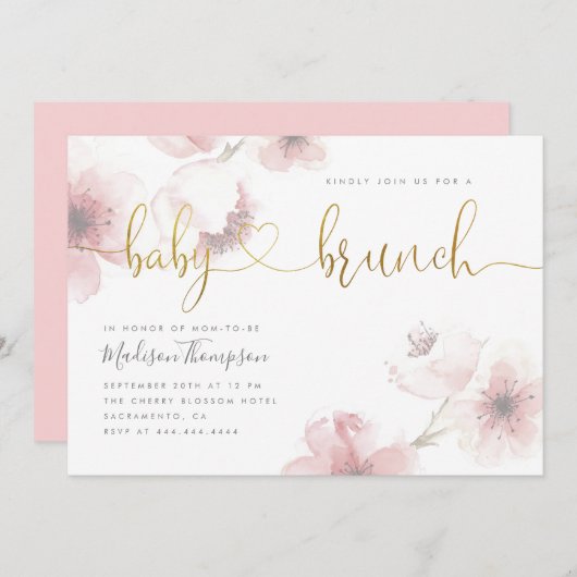 さくらんぼスタイリッシュブロッサム金ゴールドベビーブランチシャワー 招待状 (正面/裏面)