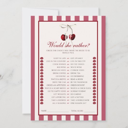 さくらんぼストライプのブライダルシャワーの方がカード 招待状 (正面)