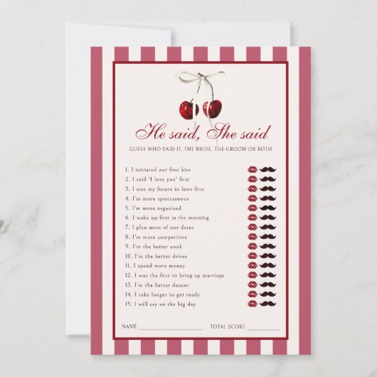 さくらんぼストライプのブライダルシャワーは彼女はカードを言った 招待状 (正面)