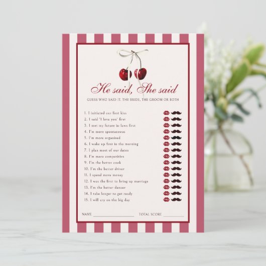 さくらんぼストライプのブライダルシャワーは彼女はカードを言った 招待状 (スタンド正面)