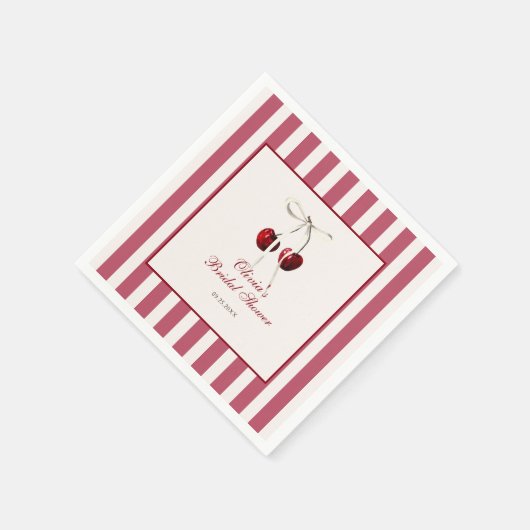 さくらんぼストライプのブライダルシャワー スタンダードカクテルナプキン (角)