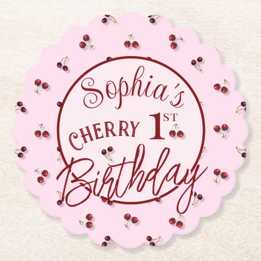 さくらんぼテーマファースト誕生日紙コースター ペーパーコースター (正面)