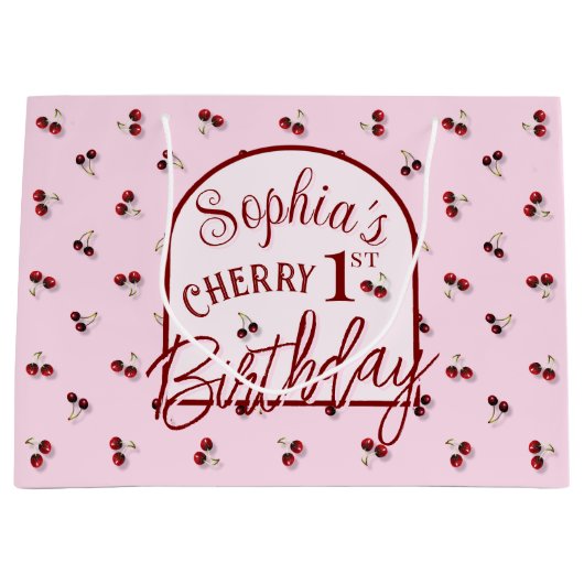 さくらんぼテーマ最初の誕生日大抱き枕 ラージペーパーバッグ (正面)