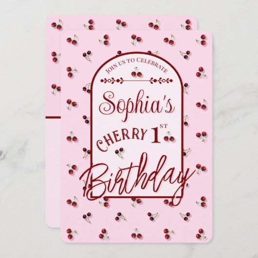 さくらんぼテーマ最初の誕生日招待状 招待状 (正面/裏面)