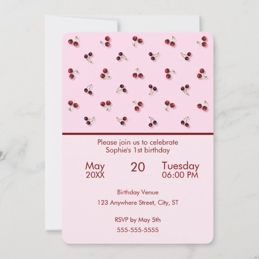 さくらんぼテーマ最初の誕生日招待状 招待状 (裏面)