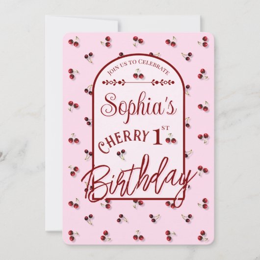 さくらんぼテーマ最初の誕生日招待状 招待状 (正面)