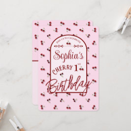 さくらんぼテーマ最初の誕生日招待状 招待状