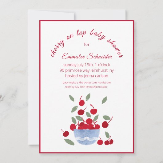 さくらんぼテーマ水彩赤ちゃんシャワー招待状 招待状 (正面)