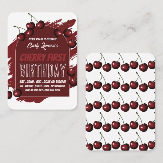 さくらんぼデザインベリーファースト誕生日ハンドアウトチケット 名刺 (正面/裏面)
