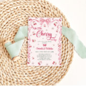 さくらんぼトップピンクボウガールベビーシャワー 招待状