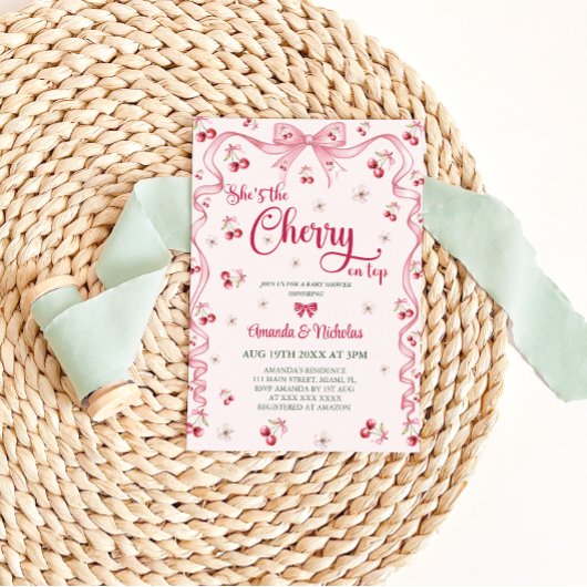 さくらんぼトップピンクボウガールベビーシャワー 招待状