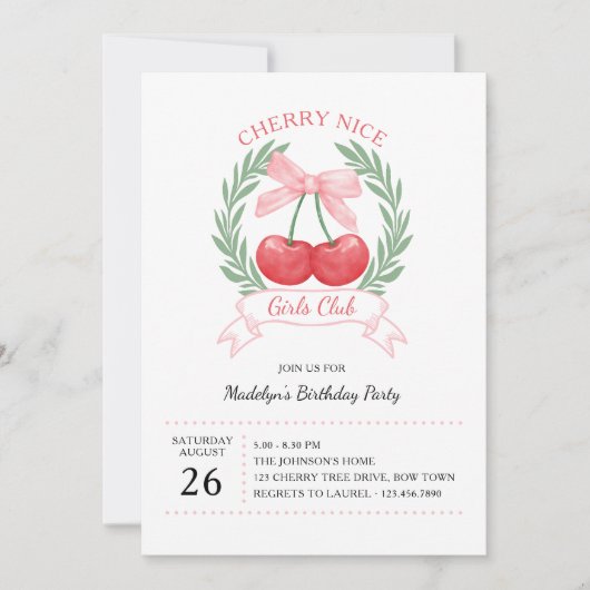 さくらんぼニースガールズクラブピンクボウ誕生日 招待状 (正面)