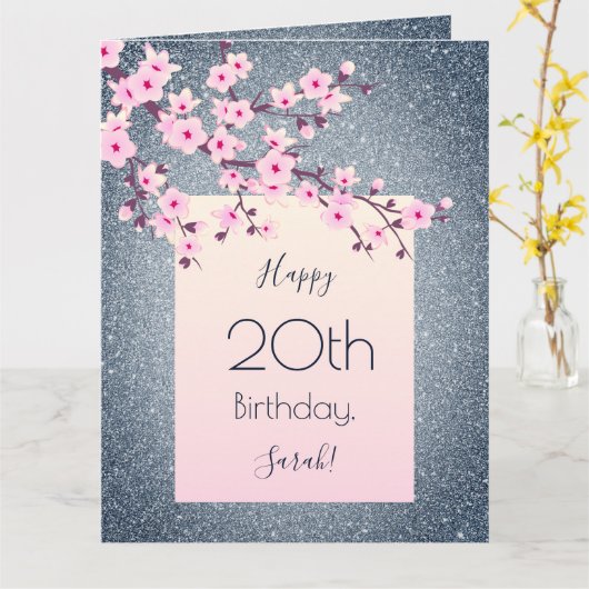 さくらんぼハッピーバースデーダークブルーグリッター カード (黄色い花)