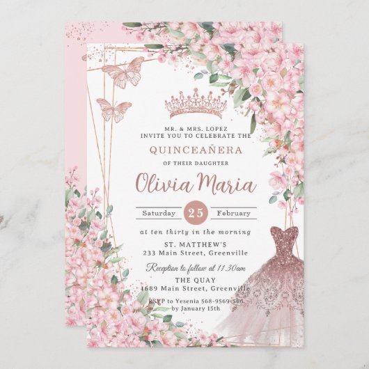 さくらんぼバラ金ゴールドドレスガウンキンセアニラ 招待状 (正面/裏面)