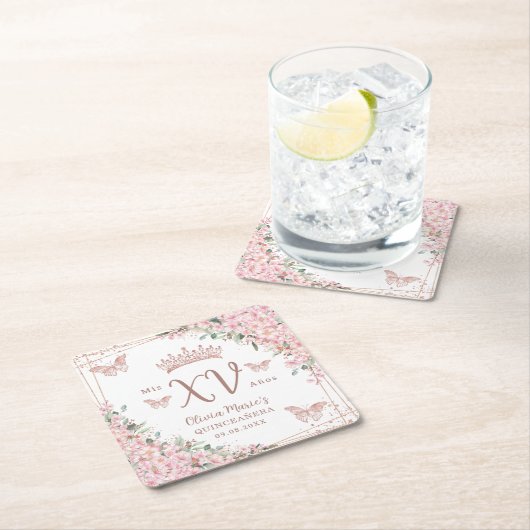 さくらんぼバラ金ゴールド蝶キンセアニェラ スクエアペーパーコースター (インサイチュ)