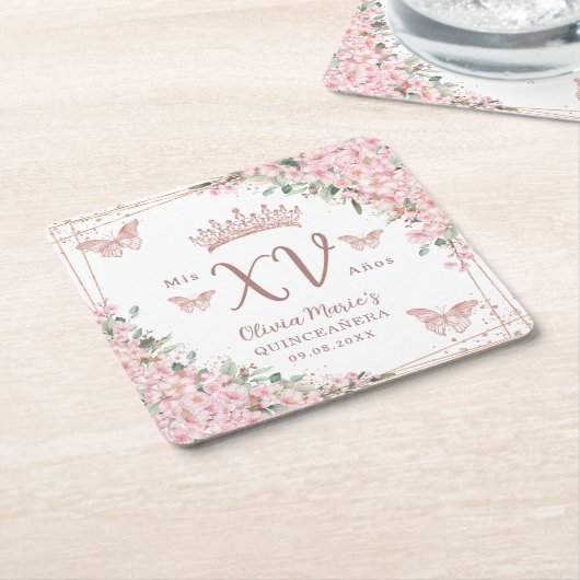 さくらんぼバラ金ゴールド蝶キンセアニェラ スクエアペーパーコースター (アングル)