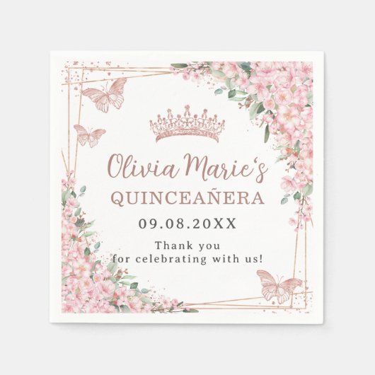 さくらんぼバラ金ゴールド蝶キンセアニェラ スタンダードカクテルナプキン (正面)