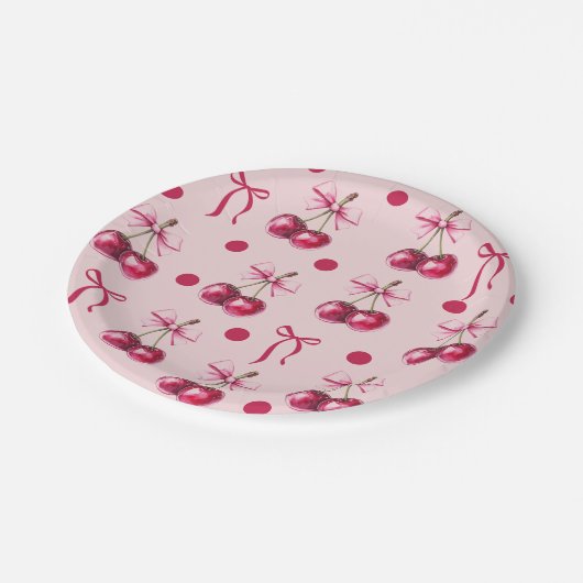 さくらんぼパステルピンク&レッドボウ誕生日 ペーパープレート (アングル)