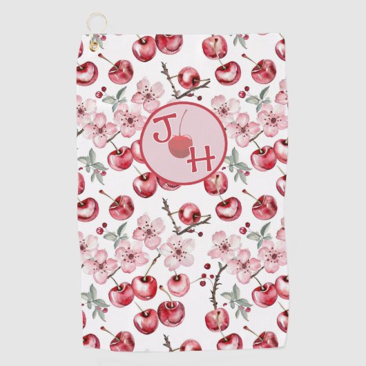 さくらんぼパーソナライズされたの花とモノグラム ゴルフタオル (正面)