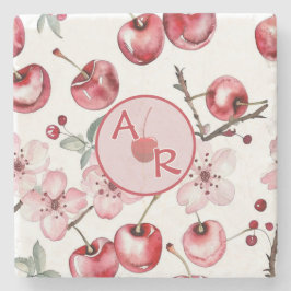 さくらんぼパーソナライズされたの花とモノグラム ストーンコースター
