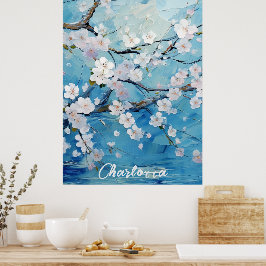 さくらんぼパーソナライズされたブロッサムブルー ポスター