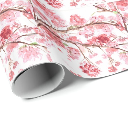 さくらんぼピンクの花の水彩桜アジア ラッピングペーパー (ロールコーナー)