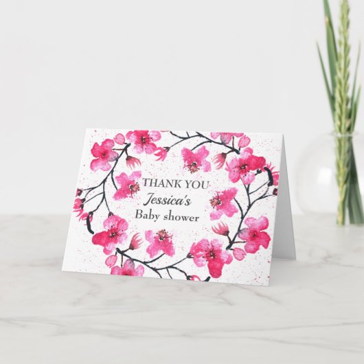 さくらんぼピンクの花ベビーシャワーガール サンキューカード (正面)