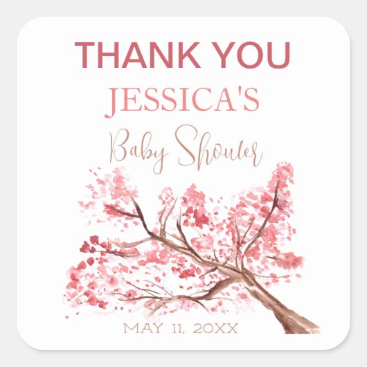 さくらんぼピンクの花ベビーシャワーガール スクエアシール (正面)