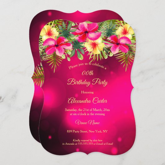 さくらんぼピンクイエローハイビスカス熱帯フローラパーティー 招待状 (正面/裏面)