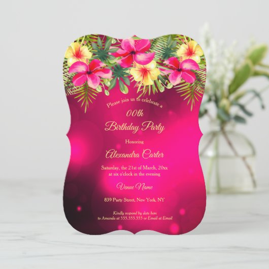 さくらんぼピンクイエローハイビスカス熱帯フローラパーティー 招待状 (スタンド正面)