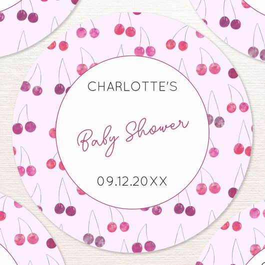 さくらんぼピンクウォーターカラーベビーシャワーパーソナライズされた ラウンドシール