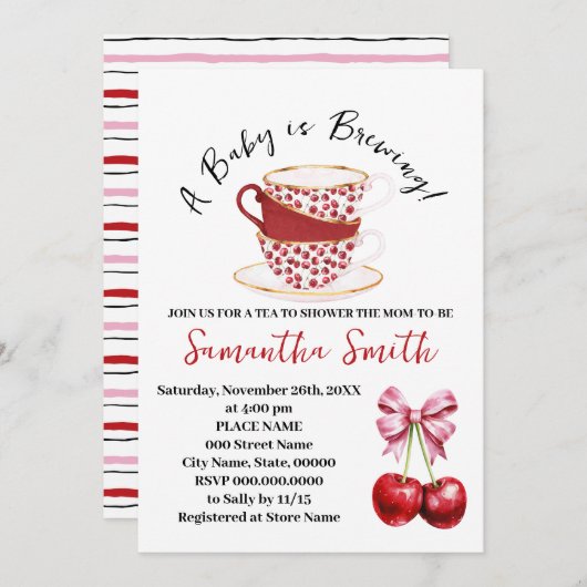 さくらんぼピンクコケットティーベビーシャワー シーズンカード (正面/裏面)