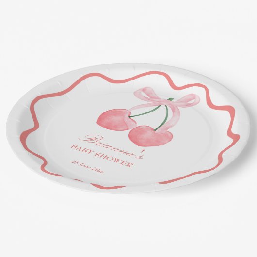 さくらんぼピンクコケットベビーシャワーカスタマイズ ペーパープレート (アングル)