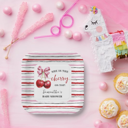 さくらんぼピンクコケットベビーシャワースクエア ペーパープレート (パーティー)