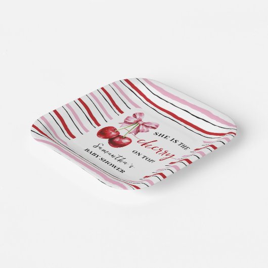 さくらんぼピンクコケットベビーシャワースクエア ペーパープレート (傾斜あり)