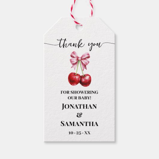 さくらんぼピンクコケットベビーシャワーメッセージカード ギフトタグ (正面)