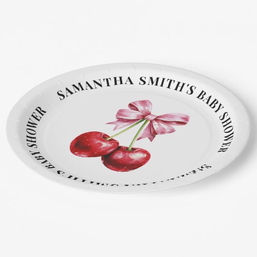 さくらんぼピンクコケットベビーシャワーラウンド ペーパープレート (アングル)