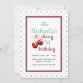 さくらんぼピンクコケットボウファースト誕生日写真 招待状 (正面)