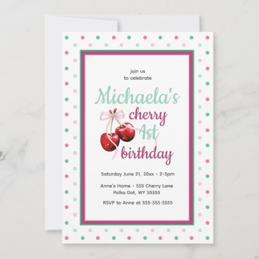 さくらんぼピンクコケットボウファースト誕生日写真 招待状 (正面)