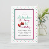 さくらんぼピンクコケットボウファースト誕生日写真 招待状 (スタンド正面)